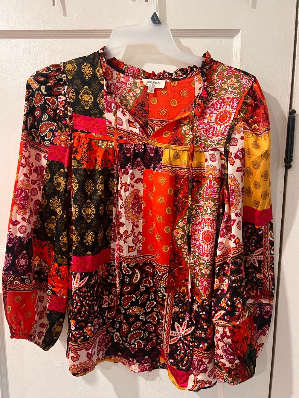 Umgee Red Multi Patchwork Peasant Blouse